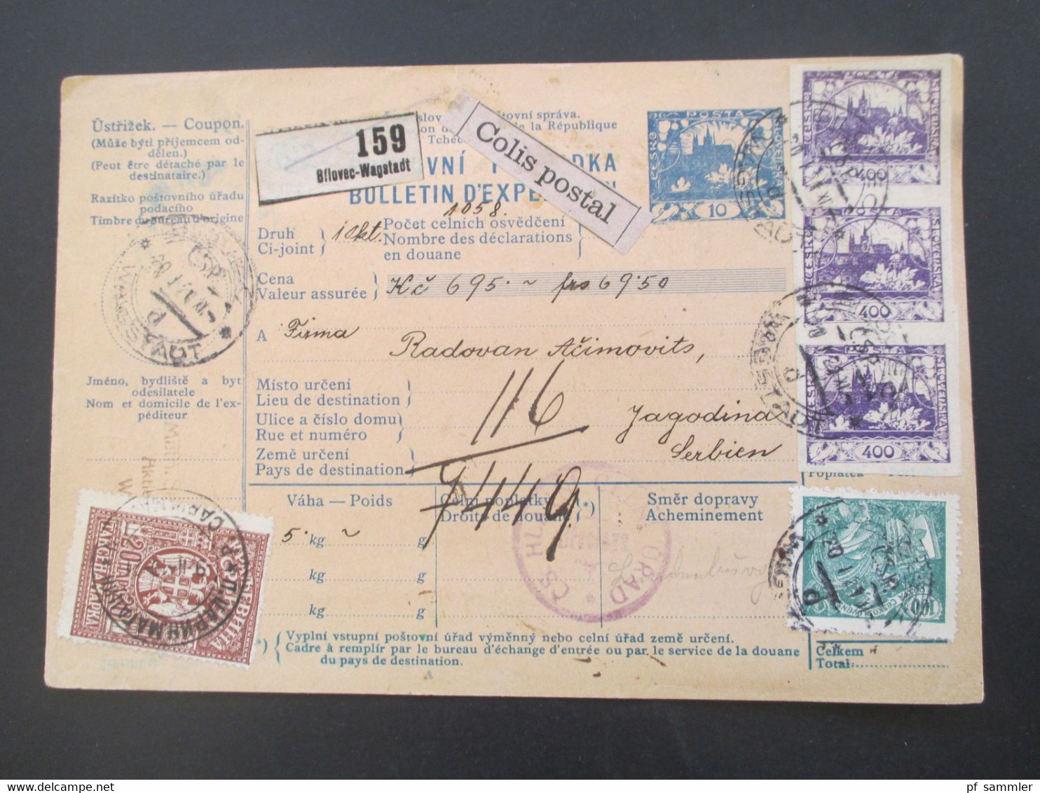 CSSR 1921 Hradschin Mucha 3er Streifen Paketkarte Wagstadt Sudetenland Mit Steuermarke Und Vielen Stempeln - Briefe U. Dokumente