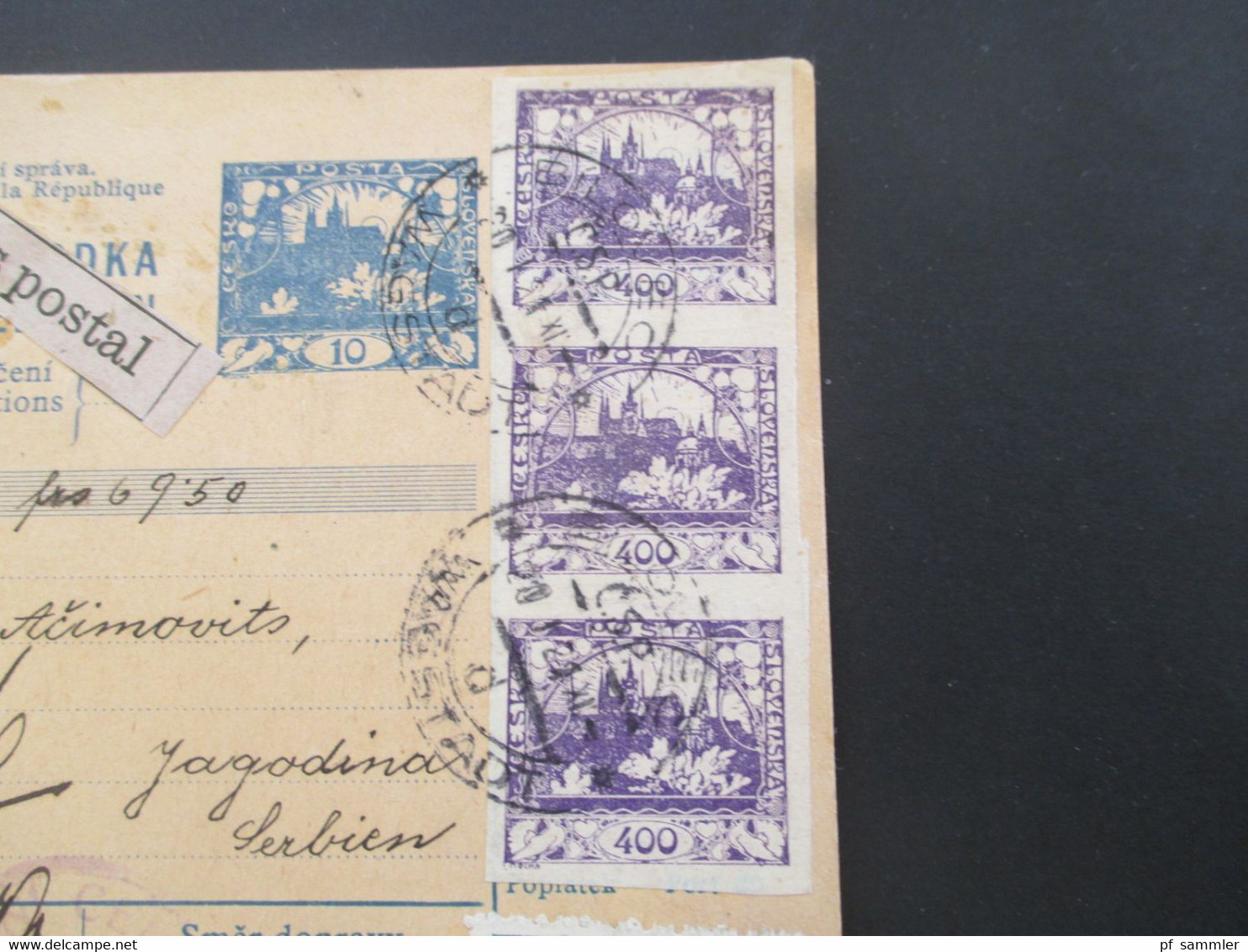 CSSR 1921 Hradschin Mucha 3er Streifen Paketkarte Wagstadt Sudetenland Mit Steuermarke Und Vielen Stempeln - Brieven En Documenten