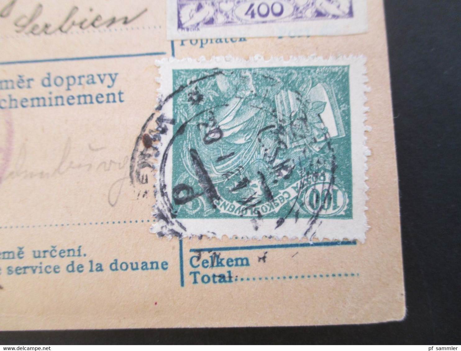 CSSR 1921 Hradschin Mucha 3er Streifen Paketkarte Wagstadt Sudetenland Mit Steuermarke Und Vielen Stempeln - Lettres & Documents
