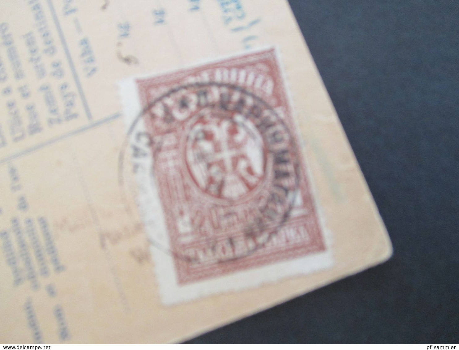 CSSR 1921 Hradschin Mucha 3er Streifen Paketkarte Wagstadt Sudetenland mit Steuermarke und vielen Stempeln