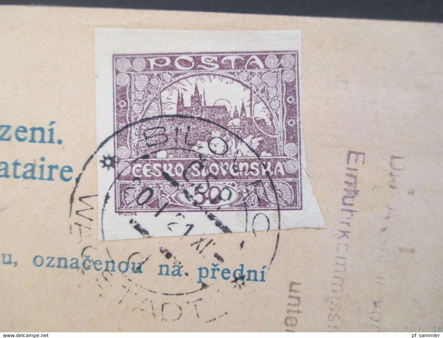 CSSR 1921 Hradschin Mucha 3er Streifen Paketkarte Wagstadt Sudetenland mit Steuermarke und vielen Stempeln