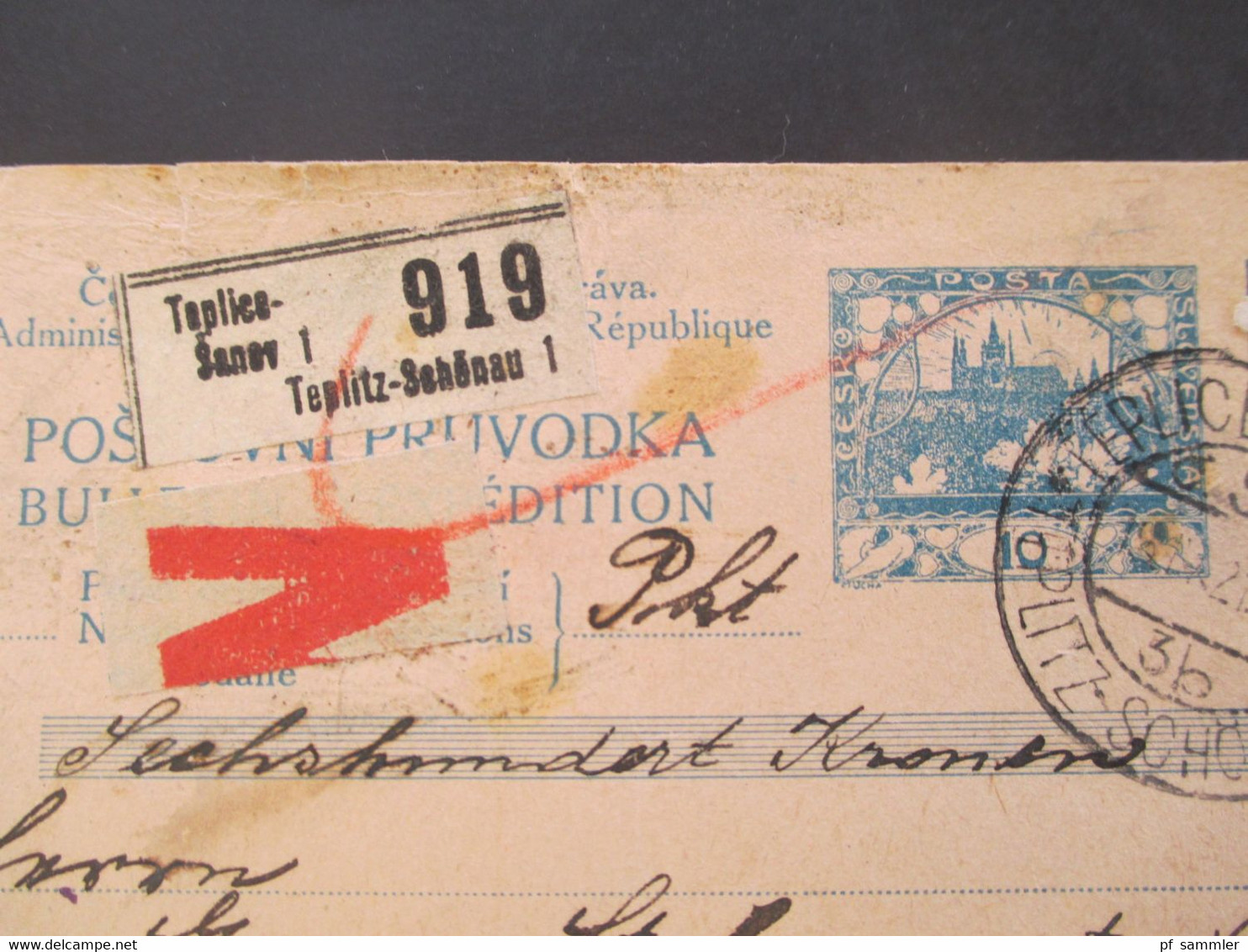 CSSR 1921 Hradschin Mucha Wert - Paketkarte Teplice Teplitz Schönau Sudetenland - Vranja Mit Steuermarke Und Vielen Stp. - Storia Postale