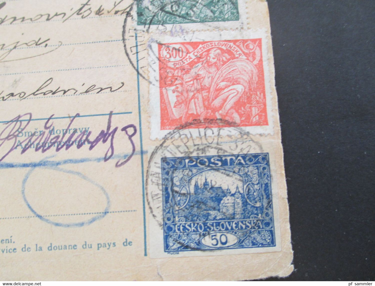 CSSR 1921 Hradschin Mucha Wert - Paketkarte Teplice Teplitz Schönau Sudetenland - Vranja Mit Steuermarke Und Vielen Stp. - Covers & Documents