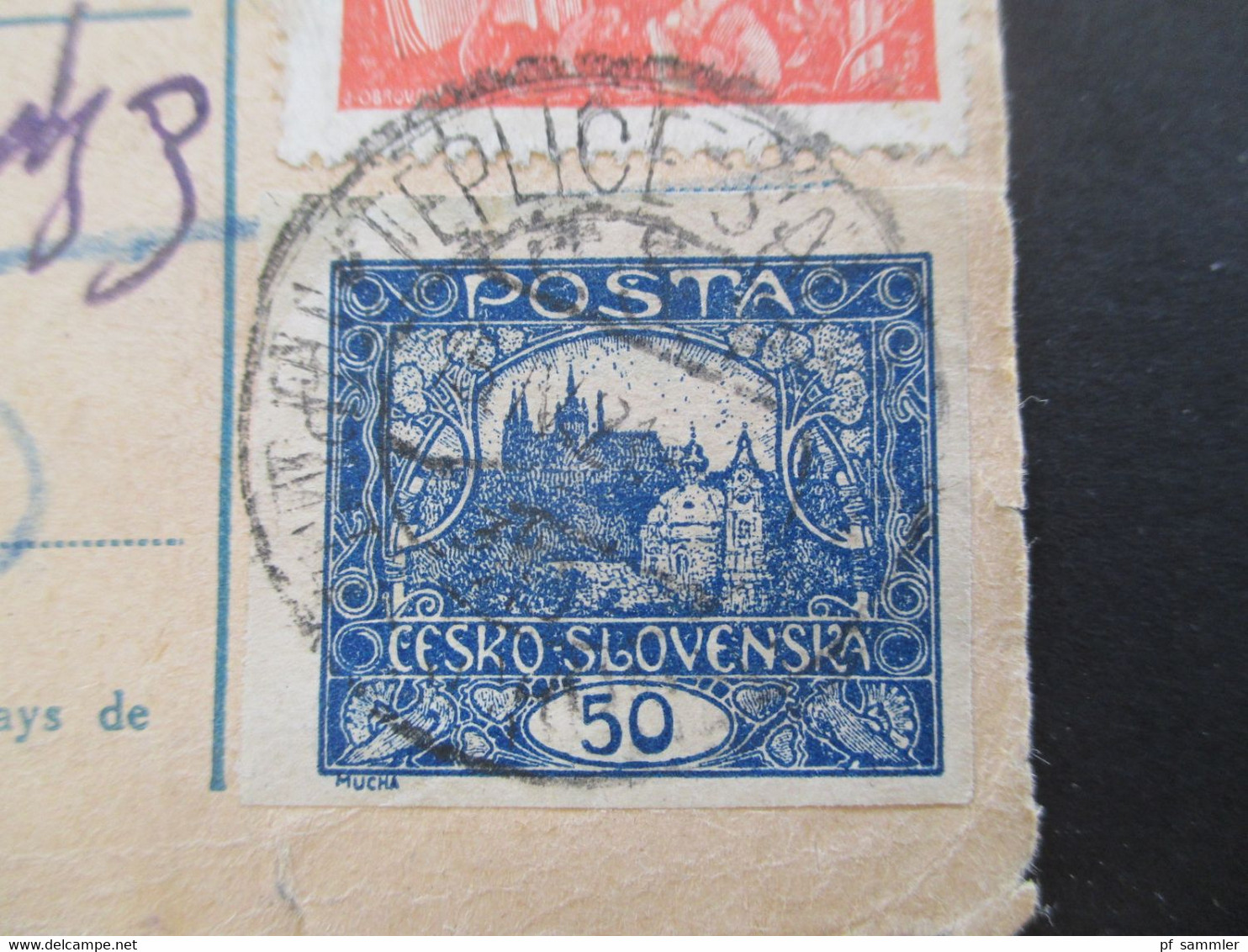 CSSR 1921 Hradschin Mucha Wert - Paketkarte Teplice Teplitz Schönau Sudetenland - Vranja Mit Steuermarke Und Vielen Stp. - Briefe U. Dokumente