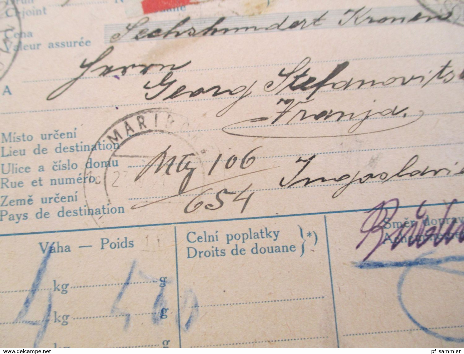 CSSR 1921 Hradschin Mucha Wert - Paketkarte Teplice Teplitz Schönau Sudetenland - Vranja mit Steuermarke und vielen Stp.