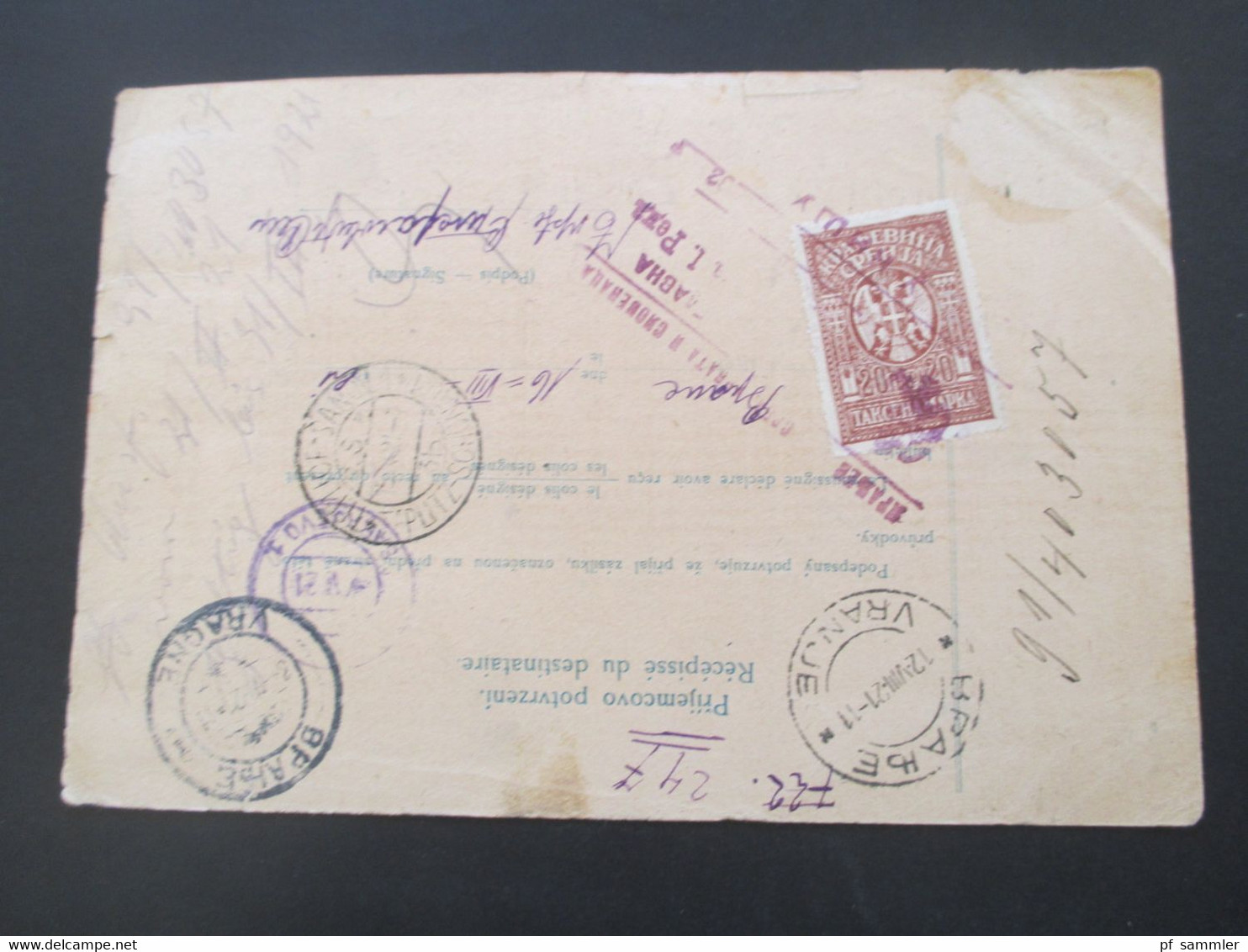 CSSR 1921 Hradschin Mucha Wert - Paketkarte Teplice Teplitz Schönau Sudetenland - Vranja mit Steuermarke und vielen Stp.