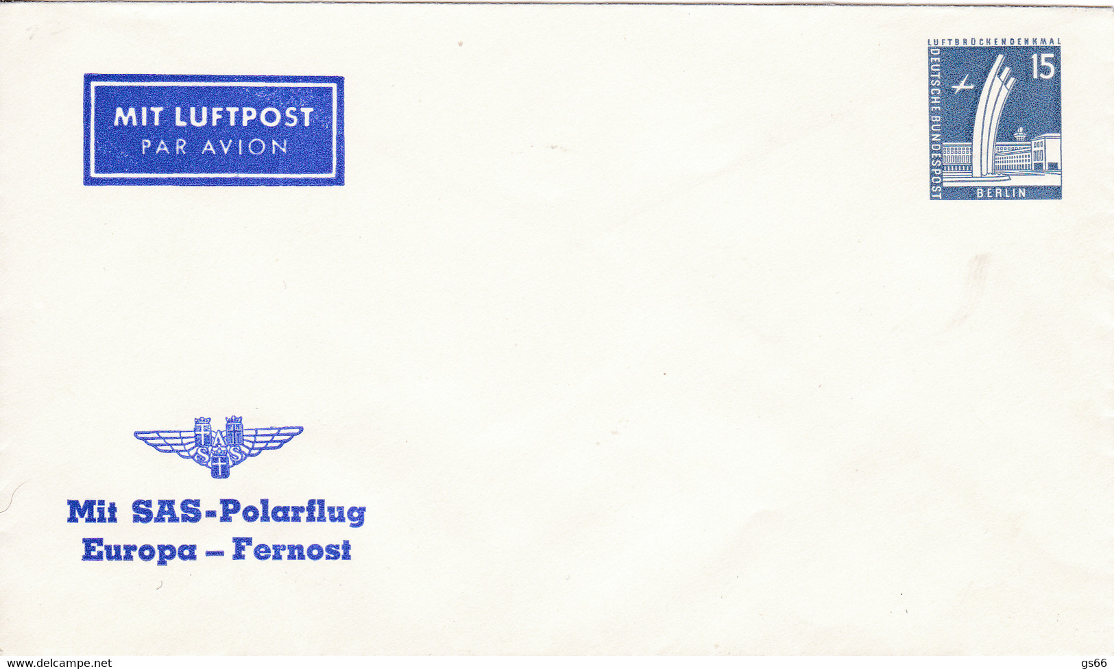 Berlin, PU 017 B1/003,  Mit SAS-Polarflug Europa-Fernost - Privé Briefomslagen - Ongebruikt