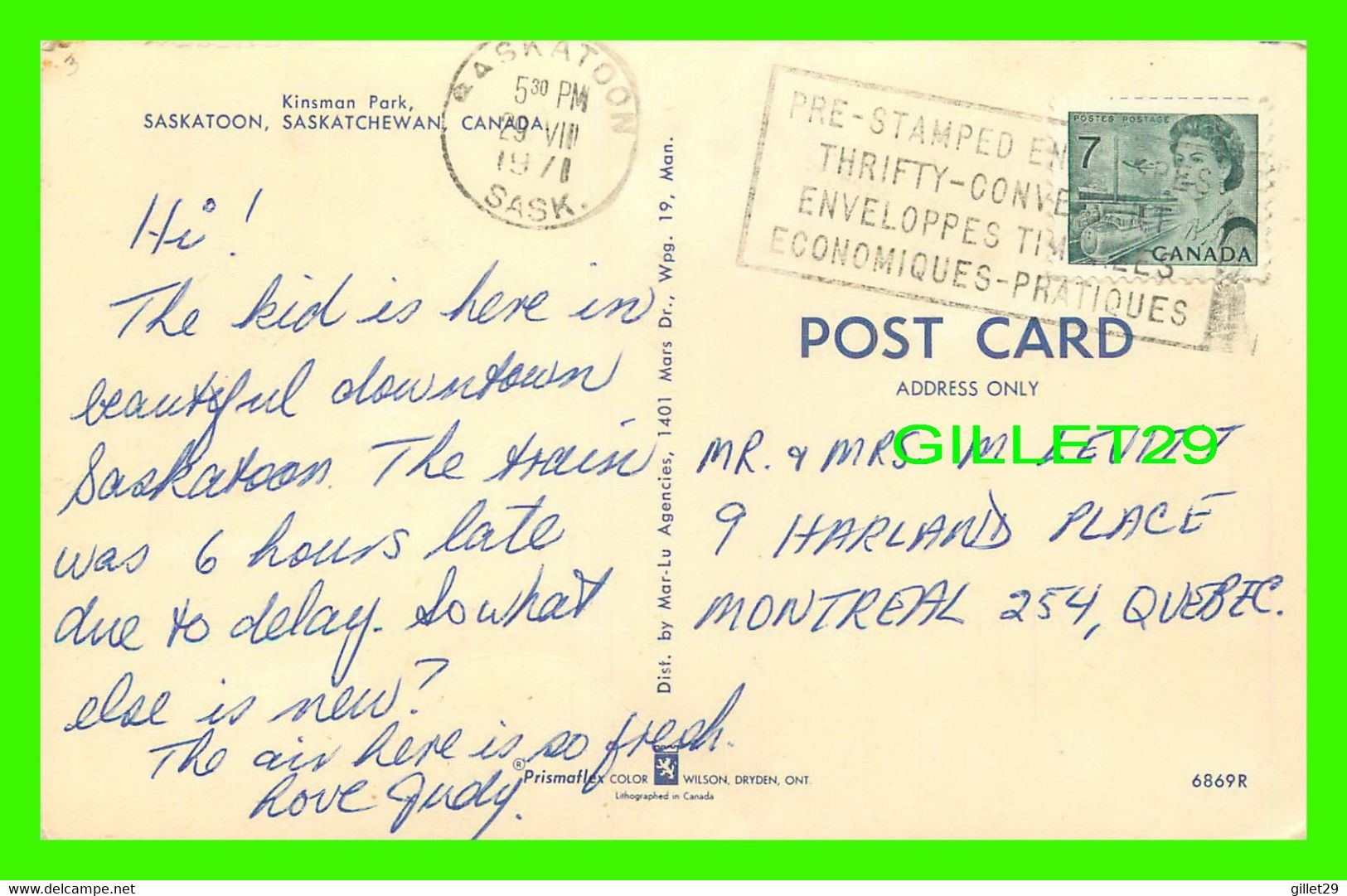 SASKATOON, SASKATCHEWAN - KINSMAN PARK - TRAVEL IN 1971 -  MAR-LU AGENCIES -  WILSON - - Saskatoon