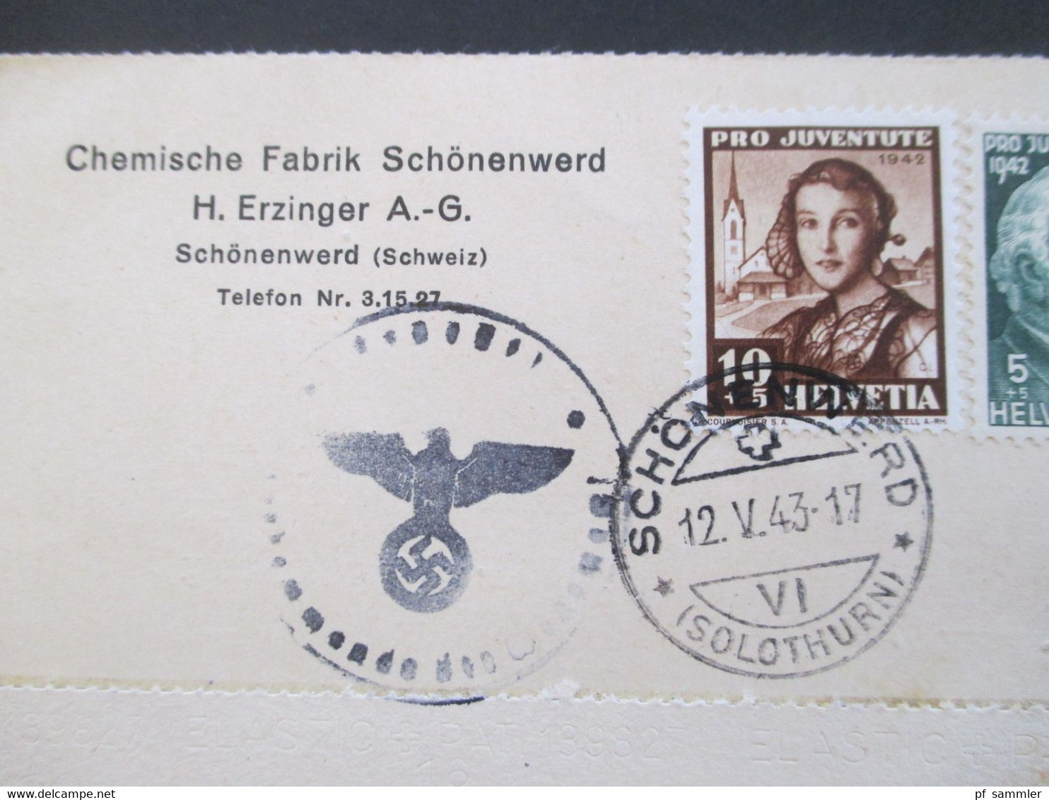 Schweiz 1942 / 43 Pro Juventute Nr. 412 U. 413 MiF Firmen PK Chemische Fabrik Schönewerd Mit Mehrfachzensur Wehrmacht - Storia Postale