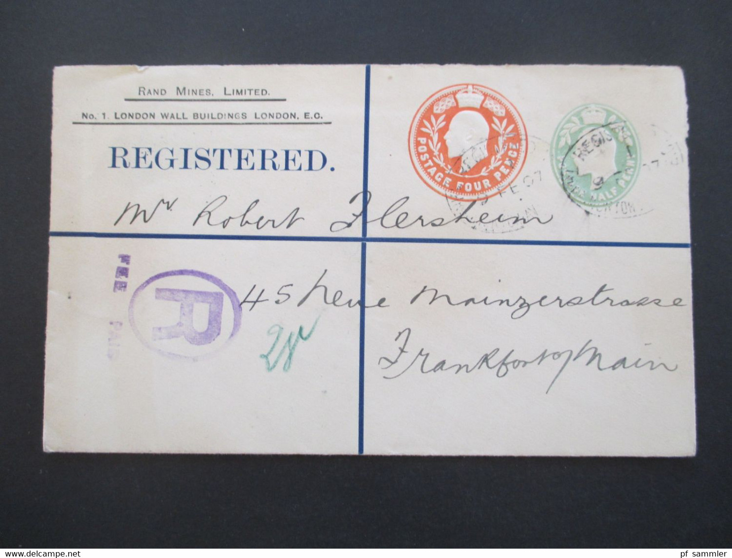 GB 1907 Ganzsachenumschlag Registered Letter Rand Mines Limited No. 1 London Wall Buildings Stempel R Fee Paid - Storia Postale