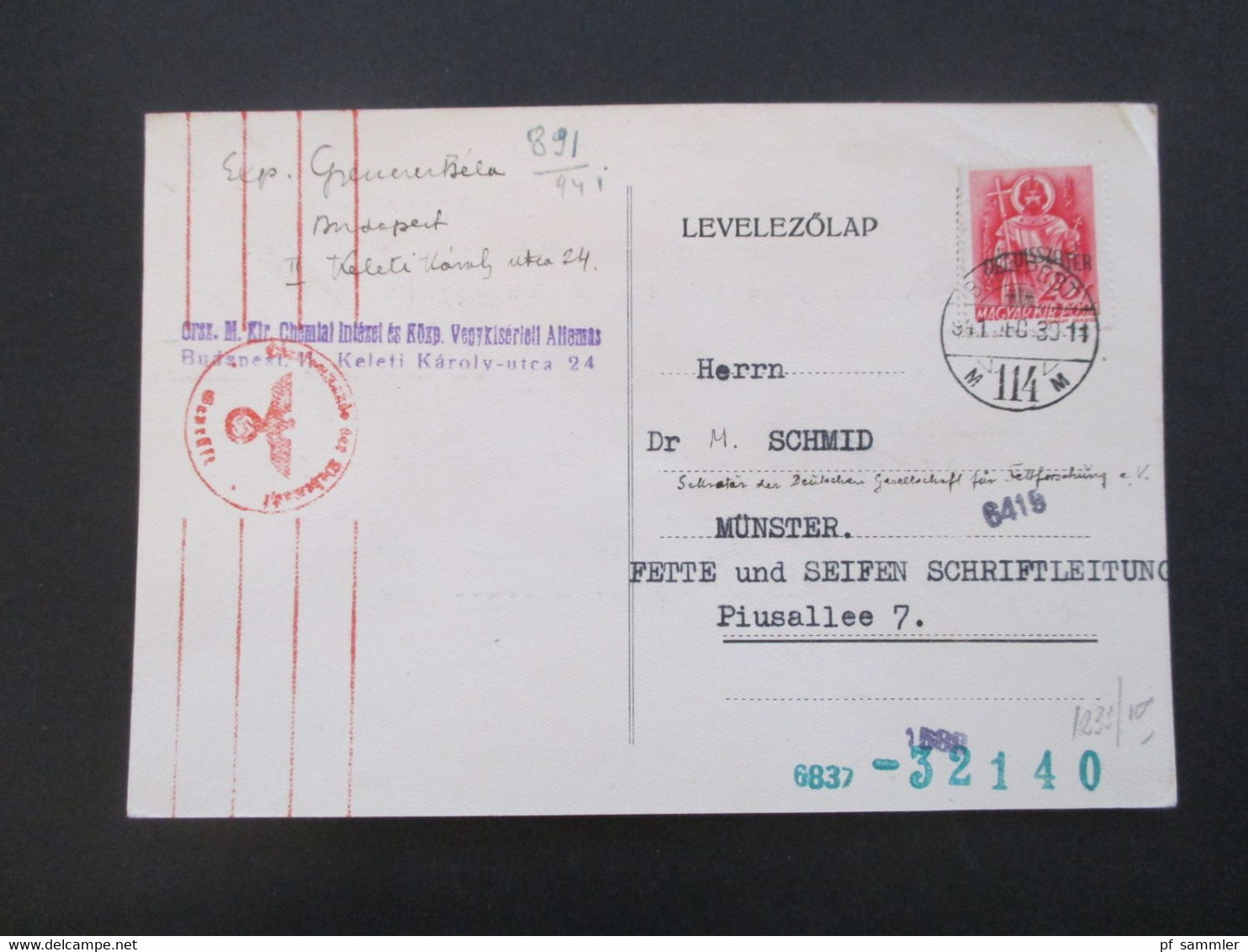 Ungarn 1941 Postkarte Mit OKW Zensur / Roter Zensurstempel / Mehrfachzensur Budapest - Münster Westfalen - Cartas & Documentos