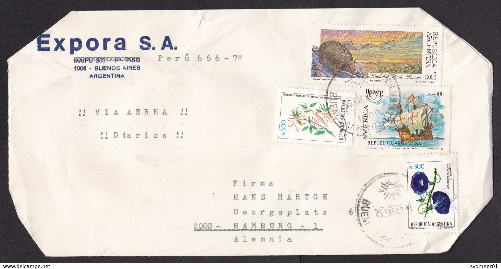 Argentina: Airmail Cover To Germany, 1992, 4 Stamps, Ship, Upaep, Animal, National Park, Flower, Inflation (damaged) - Briefe U. Dokumente