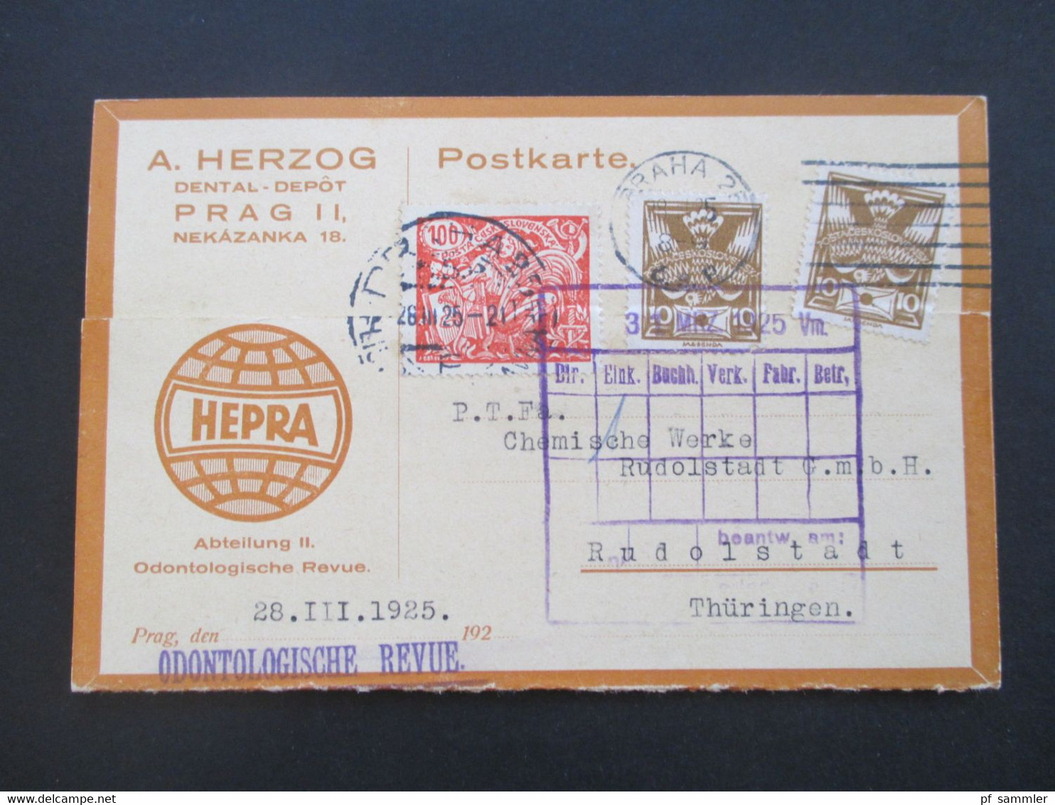 CSSR 1925 Dekorative Firmen PK A. Herzog Dental Depot Prag II HEPRA Odontologische Revue Nach Rudolstadt Thüringen - Cartas & Documentos