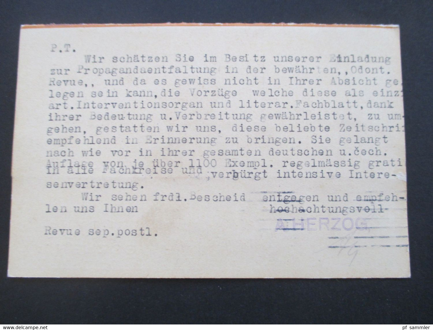 CSSR 1925 Dekorative Firmen PK A. Herzog Dental Depot Prag II HEPRA Odontologische Revue Nach Rudolstadt Thüringen - Covers & Documents