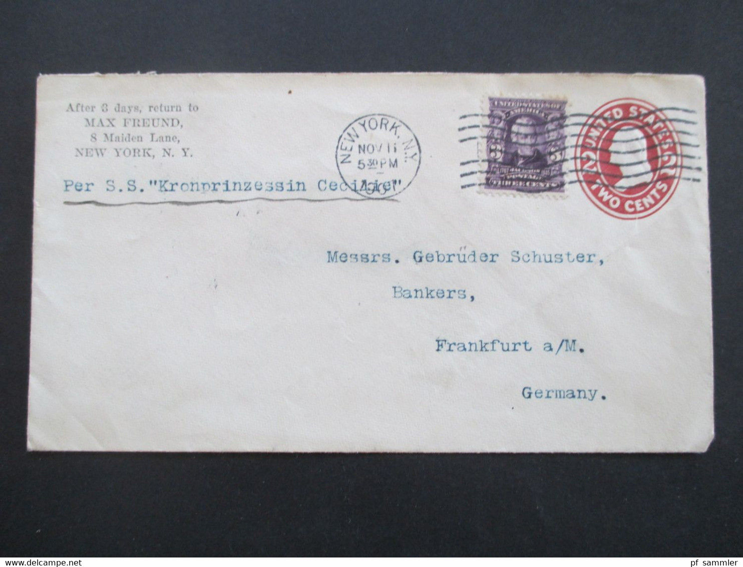 USA 1907 Ganzsachen Umschlag Mit Zusatzfrankatur Nr. 140 Andrew Jackson Per SS Kronprinzessin Cecilie Schiffspost - Lettres & Documents