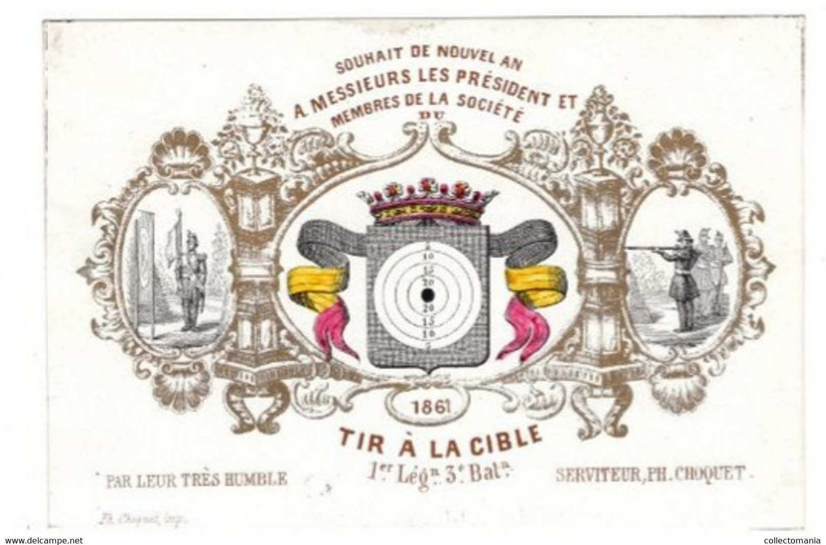 1 Carte Porcelaine TIR à La CIBLE  Doelwit Schieten Leger Target Souhait De Nouvel An 1861 Lith.PH Chocet Parfait - Porcelaine