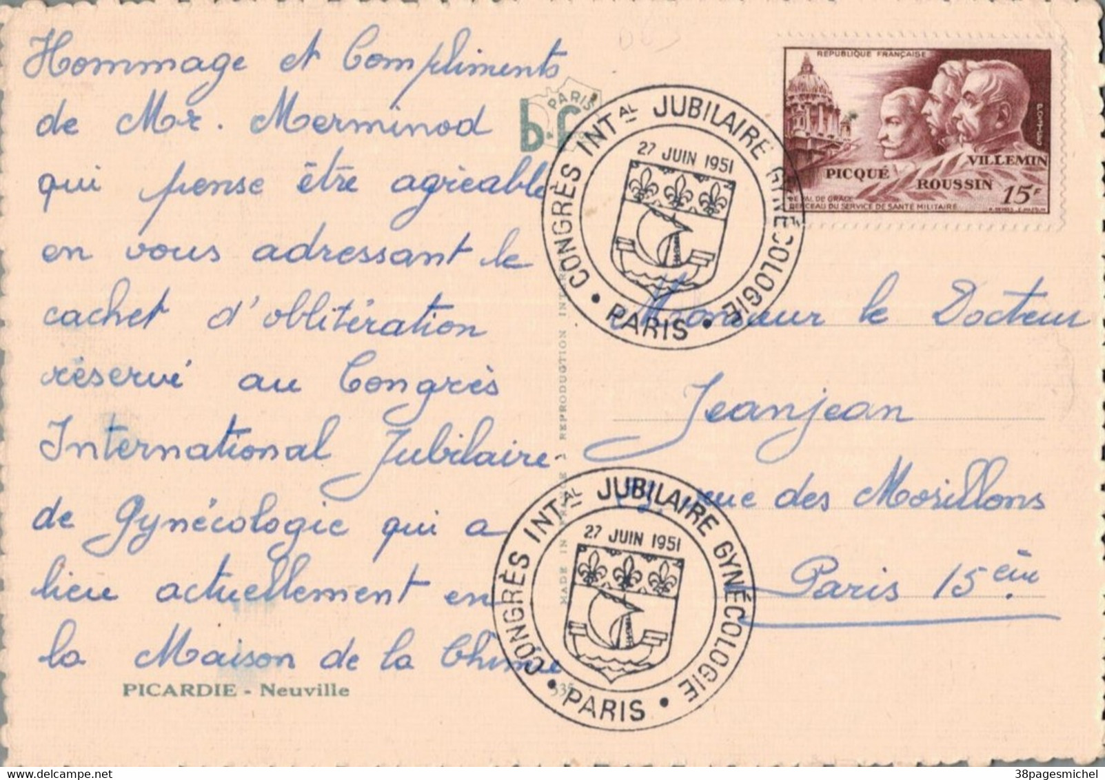 G2211 - PICARDIE - NEUVILLE - Au Dos TAMPON : CONGRES INTal JUBILAIRE GYNECOLOGIE PARIS 27 JUIN 1951 - Picardie