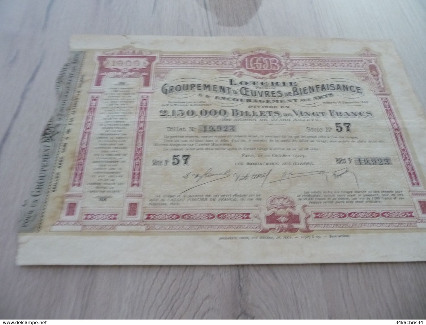 Billet De Loterie Groupement D'Œuvres De Bienfaisance Et D'encouragement Aux Arts 1909 - Billets De Loterie