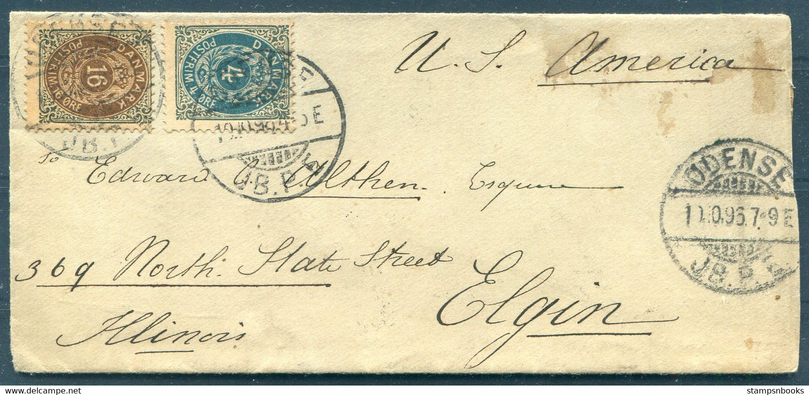 1896 Denmark 20ore Rate (16ore + 4ore) Odense J.B.P.E. Cover - Elgin Illinois USA Via New York. - Brieven En Documenten