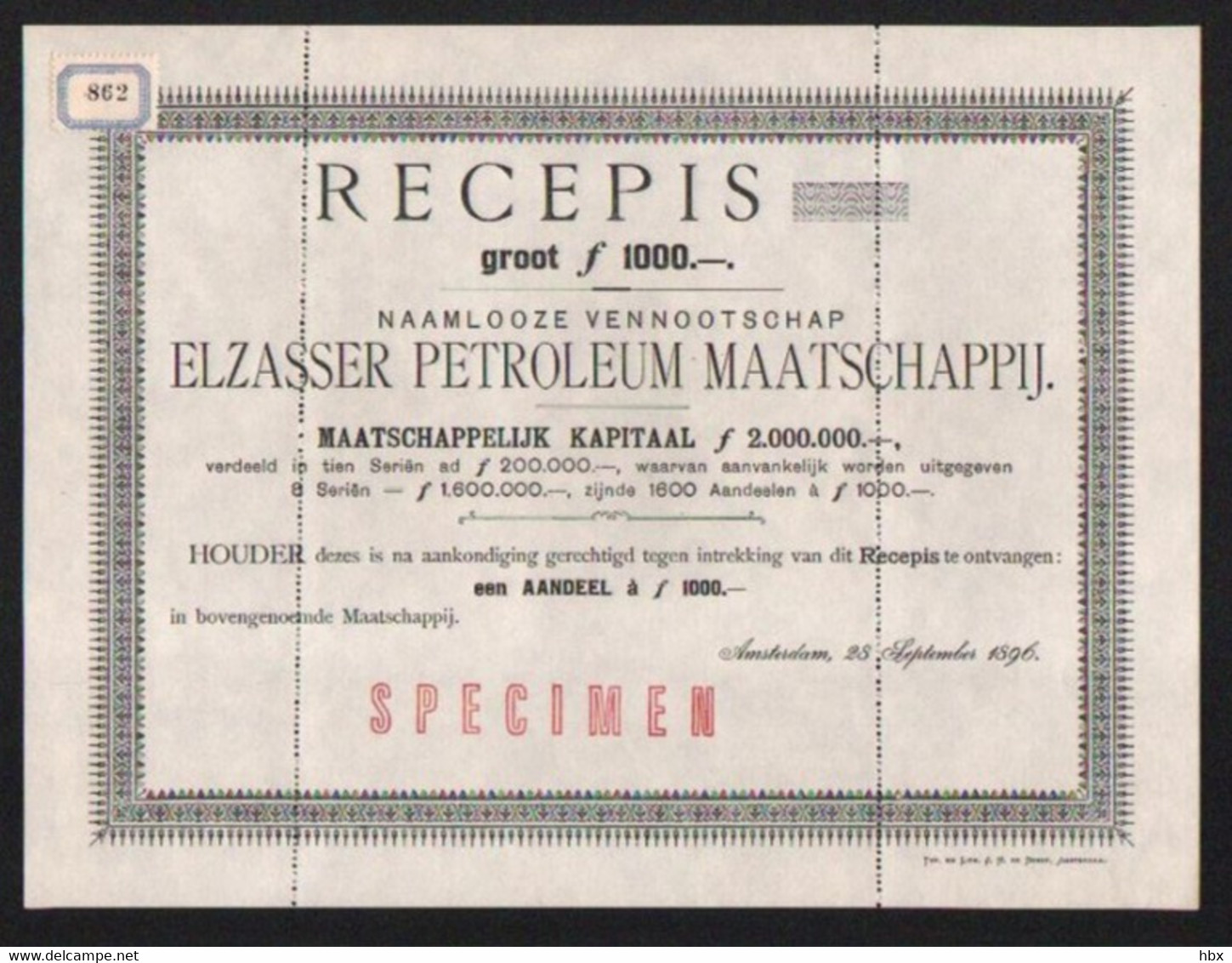 Elzasser Petroleum Maatschappij - Specimen - 1896 - Oil