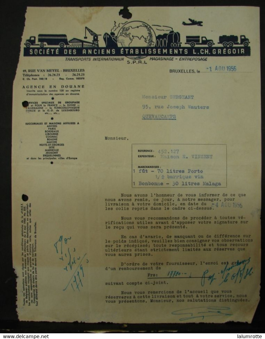Fac . 8. Facture De La Société Des Anciens Etablissements L. CH. Grégoir à Bruxelles En 1956 - Transport
