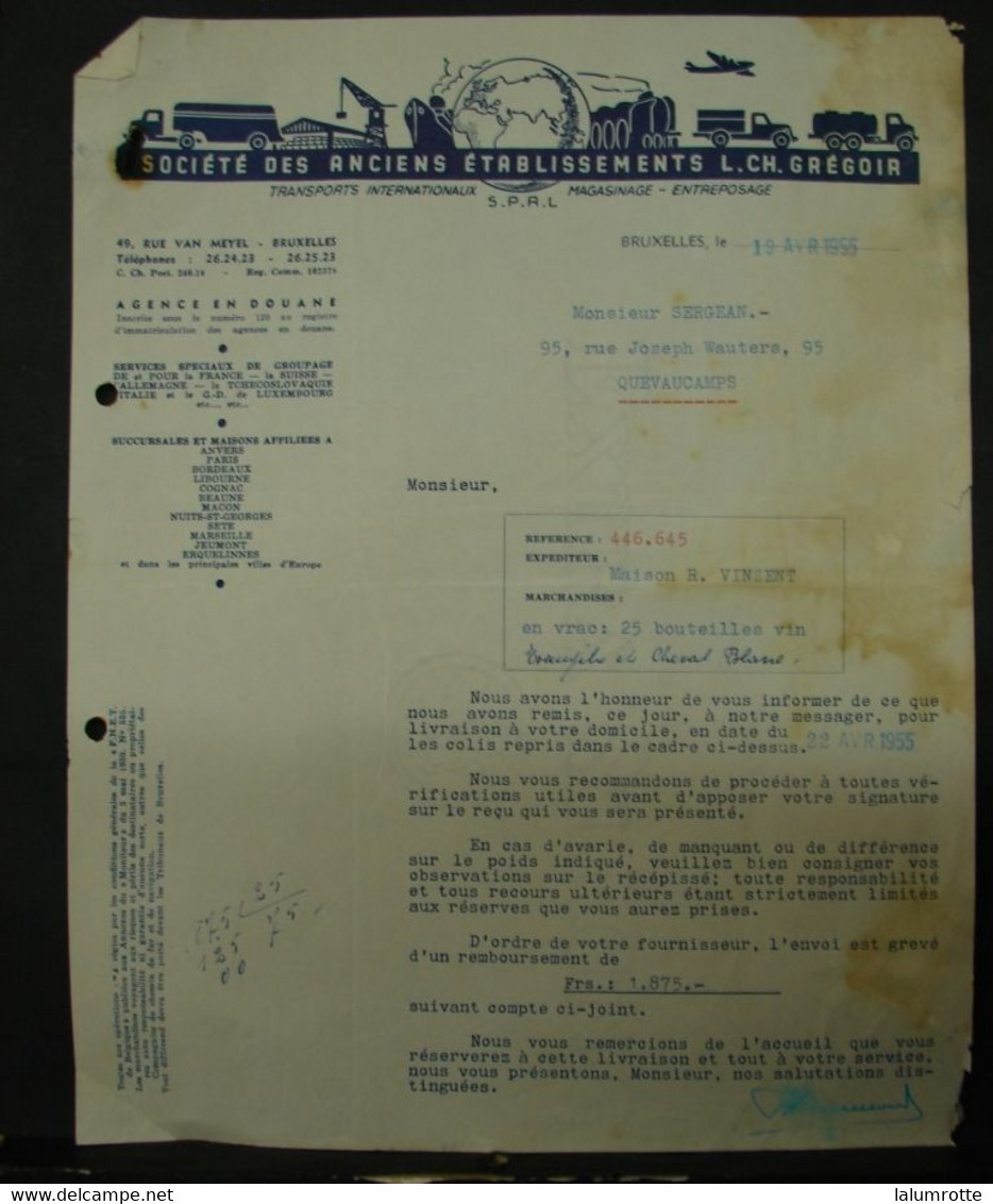 Fac . 10. Facture De La Société Des Anciens Etablissements L. CH. Grégoir à Bruxelles En 1955 - Verkehr & Transport