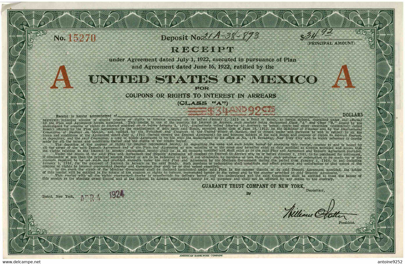 Reçu Coupon D'arriérés Etats Unis Du Mexique 1924 - Navegación