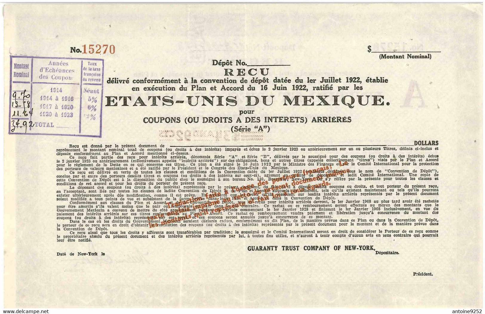 Reçu Coupon D'arriérés Etats Unis Du Mexique 1924 - Navigation