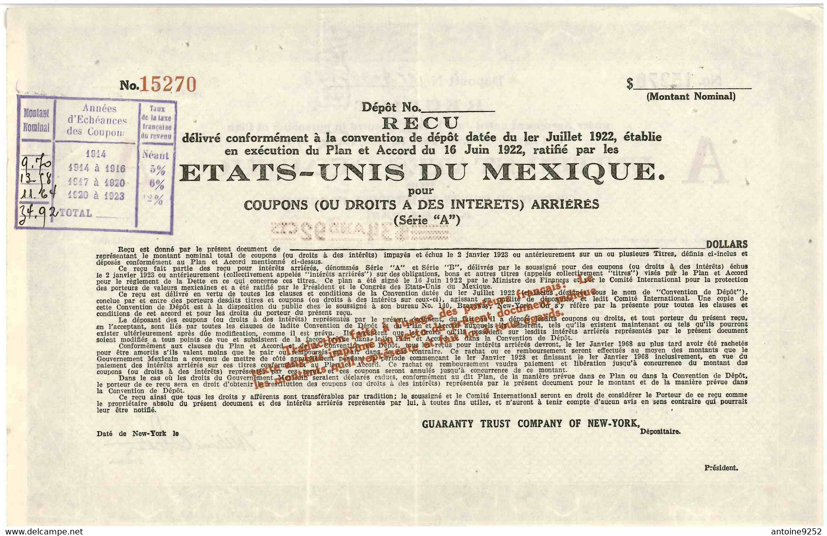 Reçu Coupon D'arriérés Etats Unis Du Mexique 1924 - Navegación