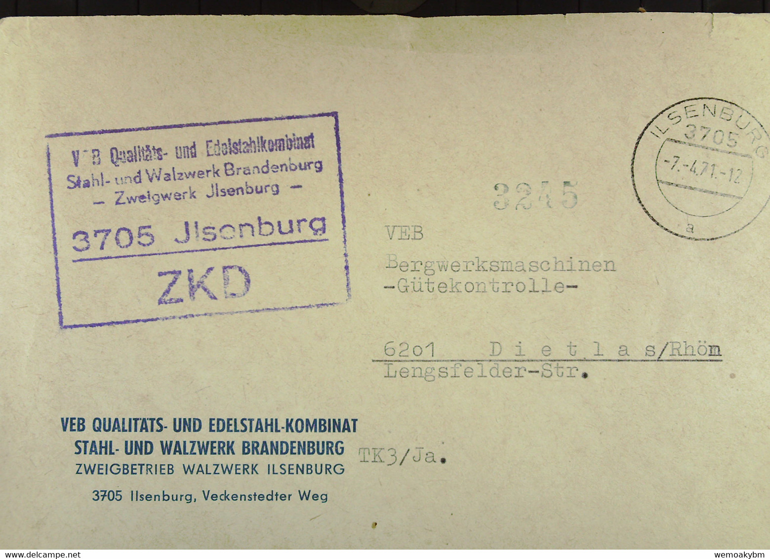 Fern-Brf Mit ZKD-Kastenst "VEB Qualitäts-und Edelstahlkombinat Stahl-und Walzwerk Brandenburg 3705 Ilsenburg" 7.4.65 - Brieven En Documenten