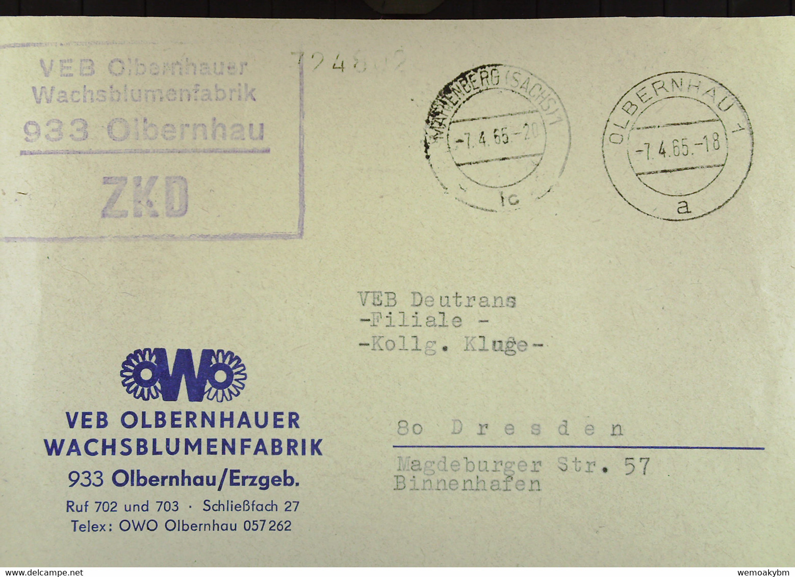 Fern-Brief Mit ZKD-Kastenstempel "VEB Olbernhauer Wachsblumenfabrik 933 Olbernhau" 7.4.65 An VEB Deutrans Dresden - Covers & Documents