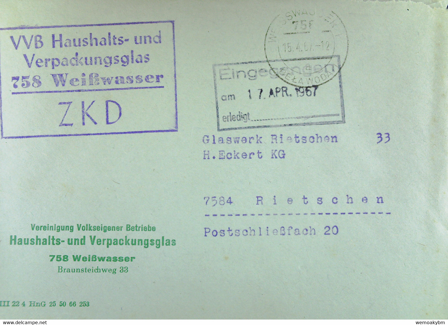 Fern-Brf Mit ZKD-Kastenst "VVB Haushalts- Und Verpackungsglas 758 Weißwasser" 15.4.67 An Glaswerk Rietschen Mit Eing-St. - Lettres & Documents