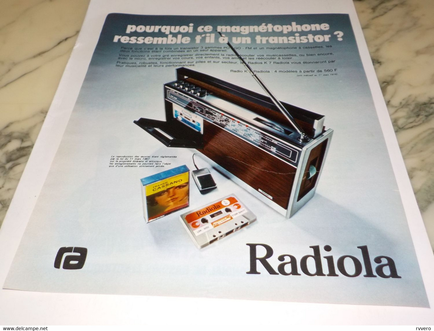 ANCIENNE PUBLICITE MAGNETOPHONE RADIO RADIOLA 1974 - Altri & Non Classificati