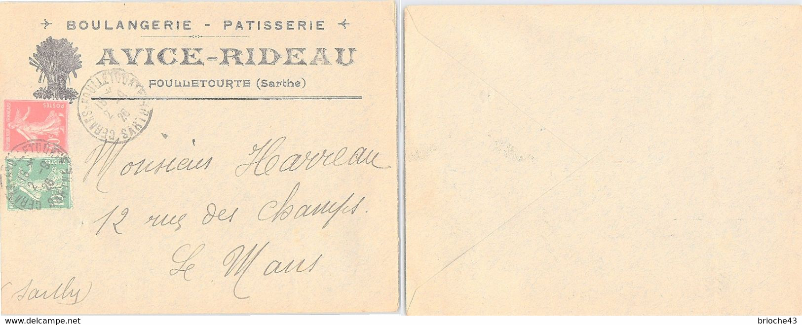 LETTRE PUBLICITAIRE AVICE-RIDEAU BOULANGERIE PATISSERIE FOULLETOURTE SARTHE 2.9.1926  /1 - Lettres & Documents