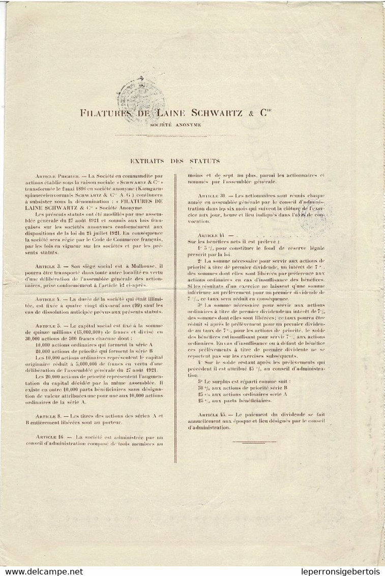 Titre Ancien - Filatures De Laine Schwartz & Cie - Société Anonyme -Titre De 1922 - - Textile