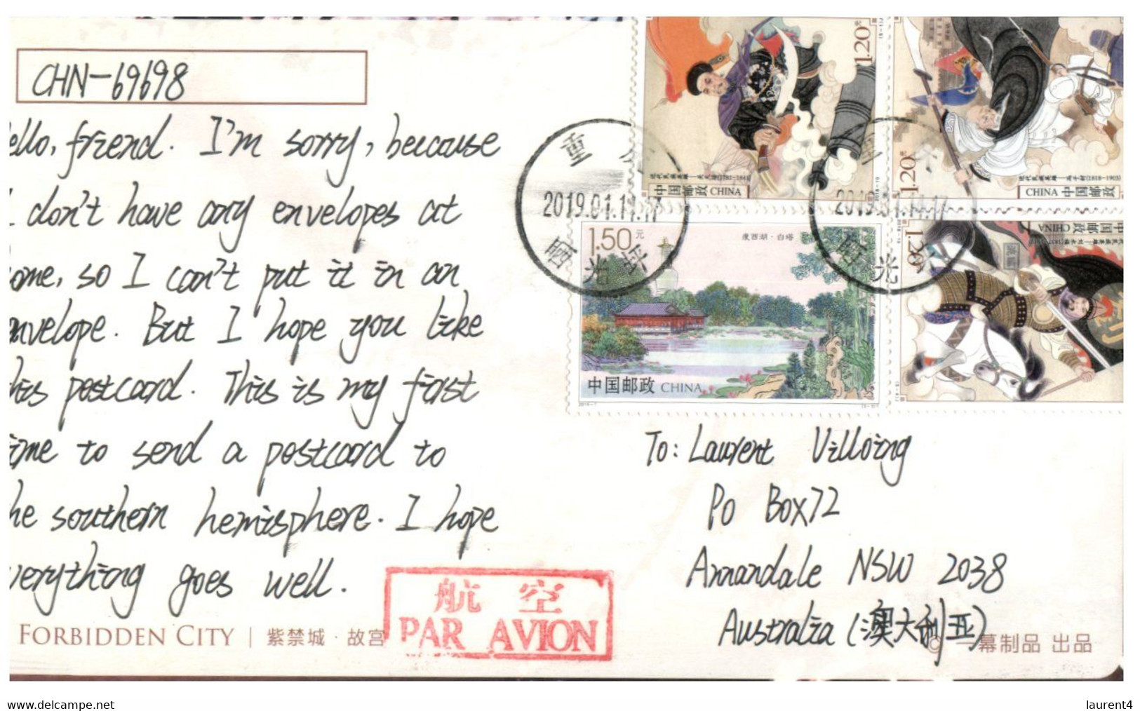 (X 14 A) Postcard Posted From China To Australi (with Many Stamps) - Oblitérés