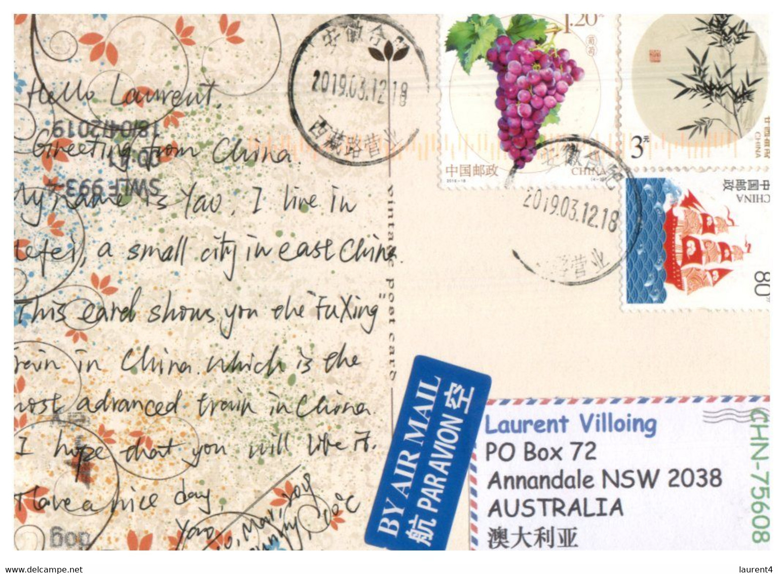 (X 14 A) Postcard Posted From China To Australia (with Many Stamps)  TRAIN - Oblitérés