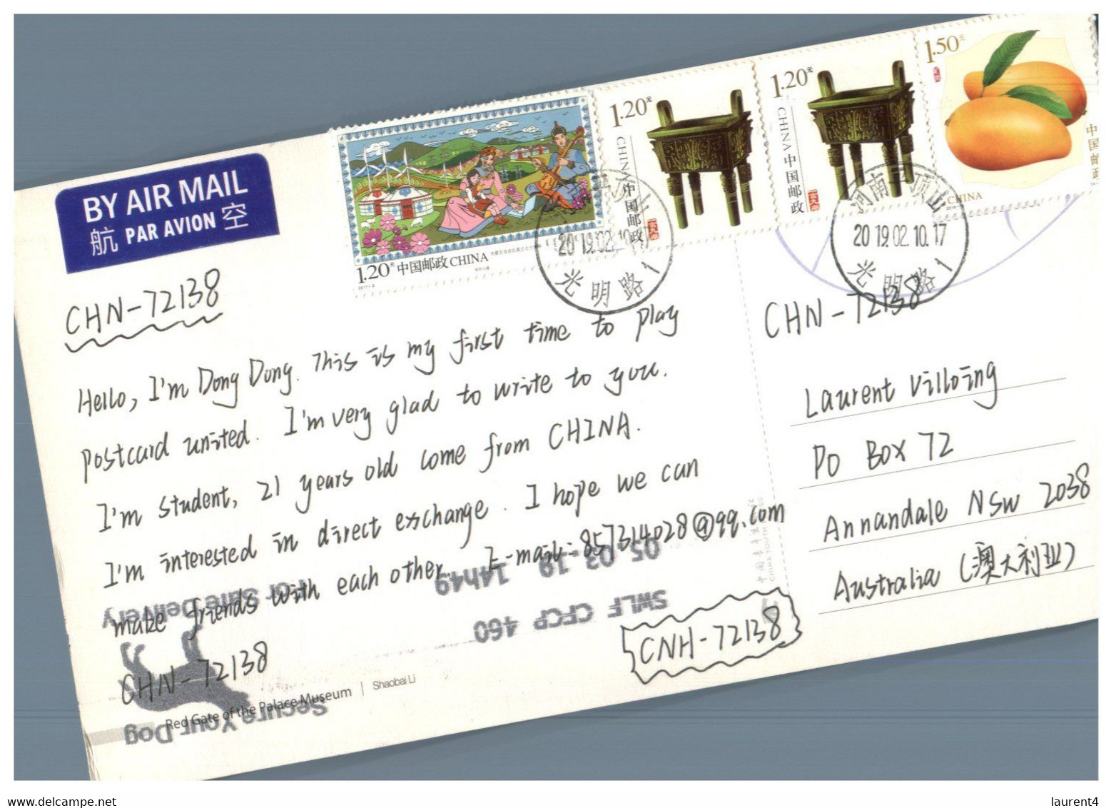 (X 14 A) Postcard Posted From China To Australia (with Many Stamps)  TEMPLE - Usados