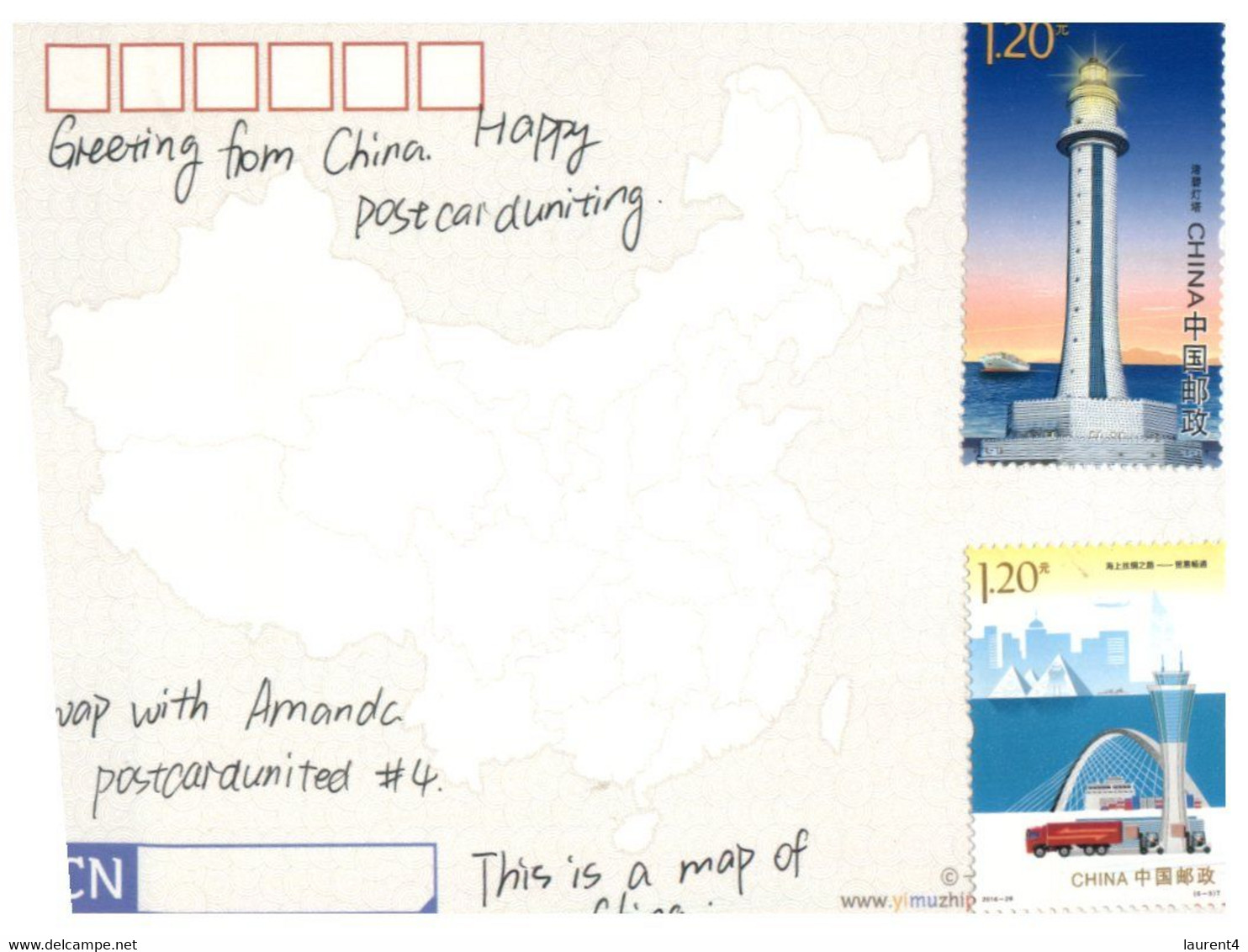 (X 14 A) Postcard Posted From China To Australia (with Many Stamps)  Lighthouse Stamp / At Night - Usados