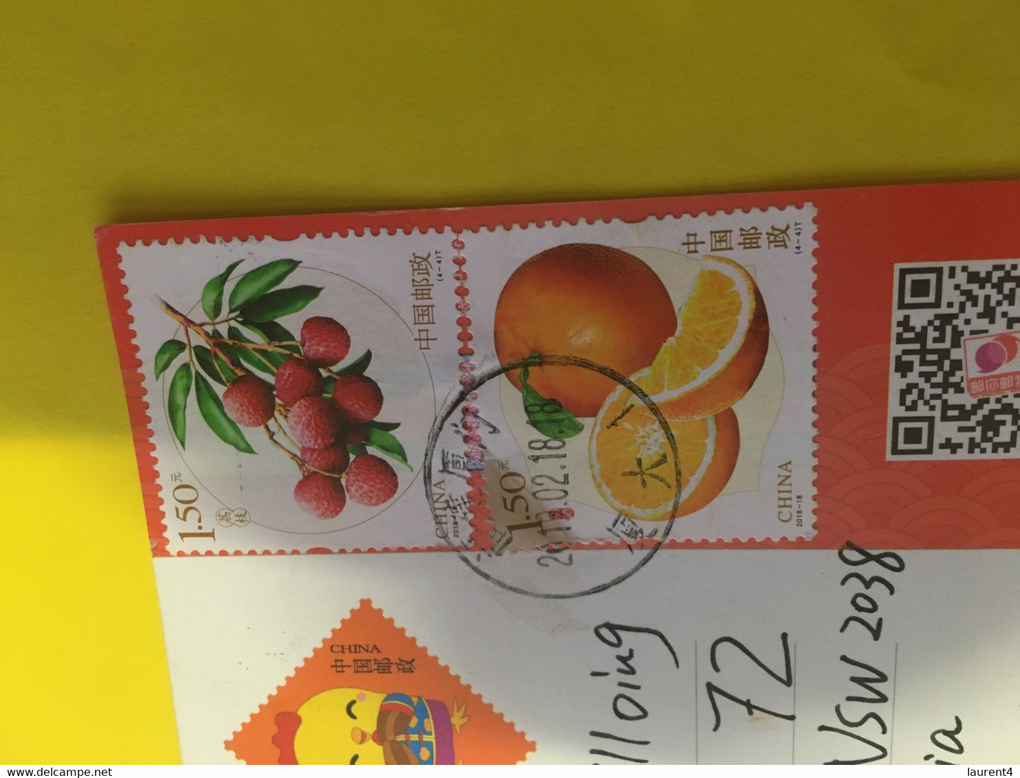 (X 14 A) Postcard Posted From China To Australia (with Many Stamps)  Fruits Stamp Etc - Usados