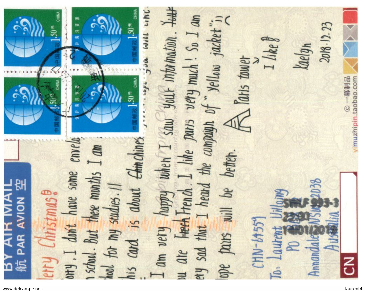 (X 14 A) Postcard Posted From China To Australia (with Many Stamps) Prawns - Usados