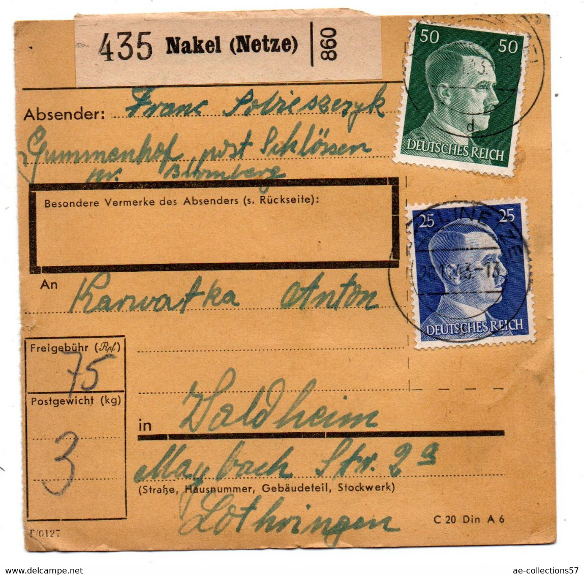 ALLEMAGNE  /  COLIS-POSTAL  /  De Nakel ( Netze) / Pour Waldheim / 26-10-43 - Covers & Documents