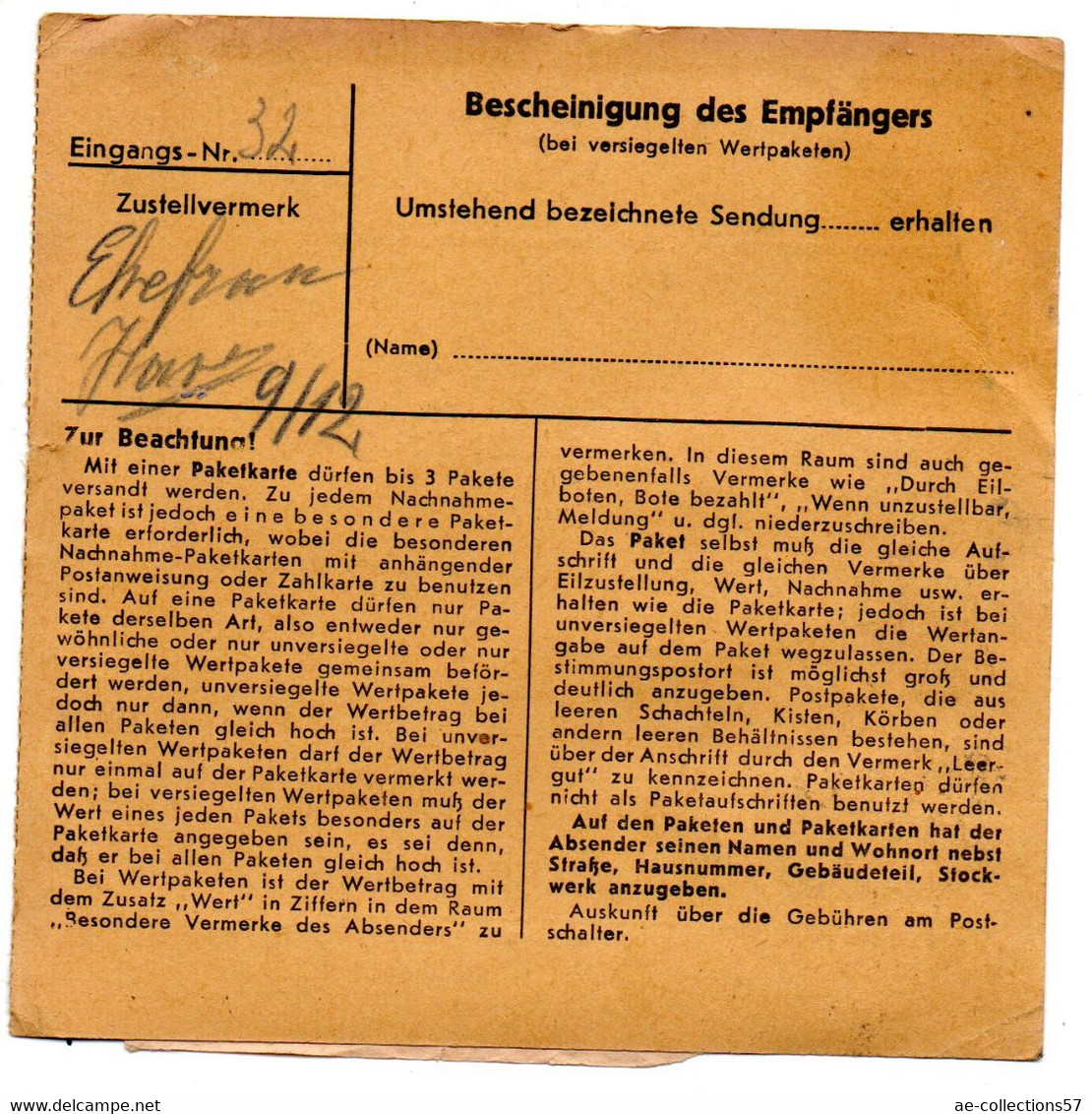 ALLEMAGNE  /  COLIS-POSTAL  /  De Nakel ( Netze) / Pour Waldheim / 26-10-43 - Covers & Documents