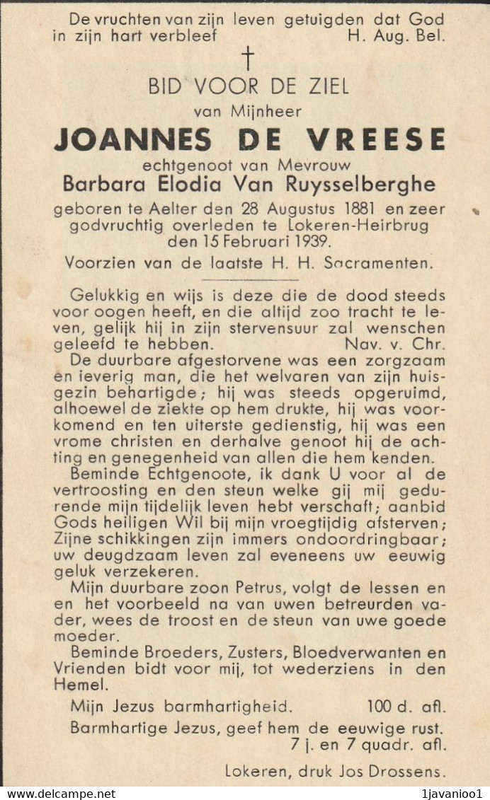 Lokeren-Heirbrug,Aalter, 1939, Joannes De Vreese, Van Rysselbeghe - Imágenes Religiosas