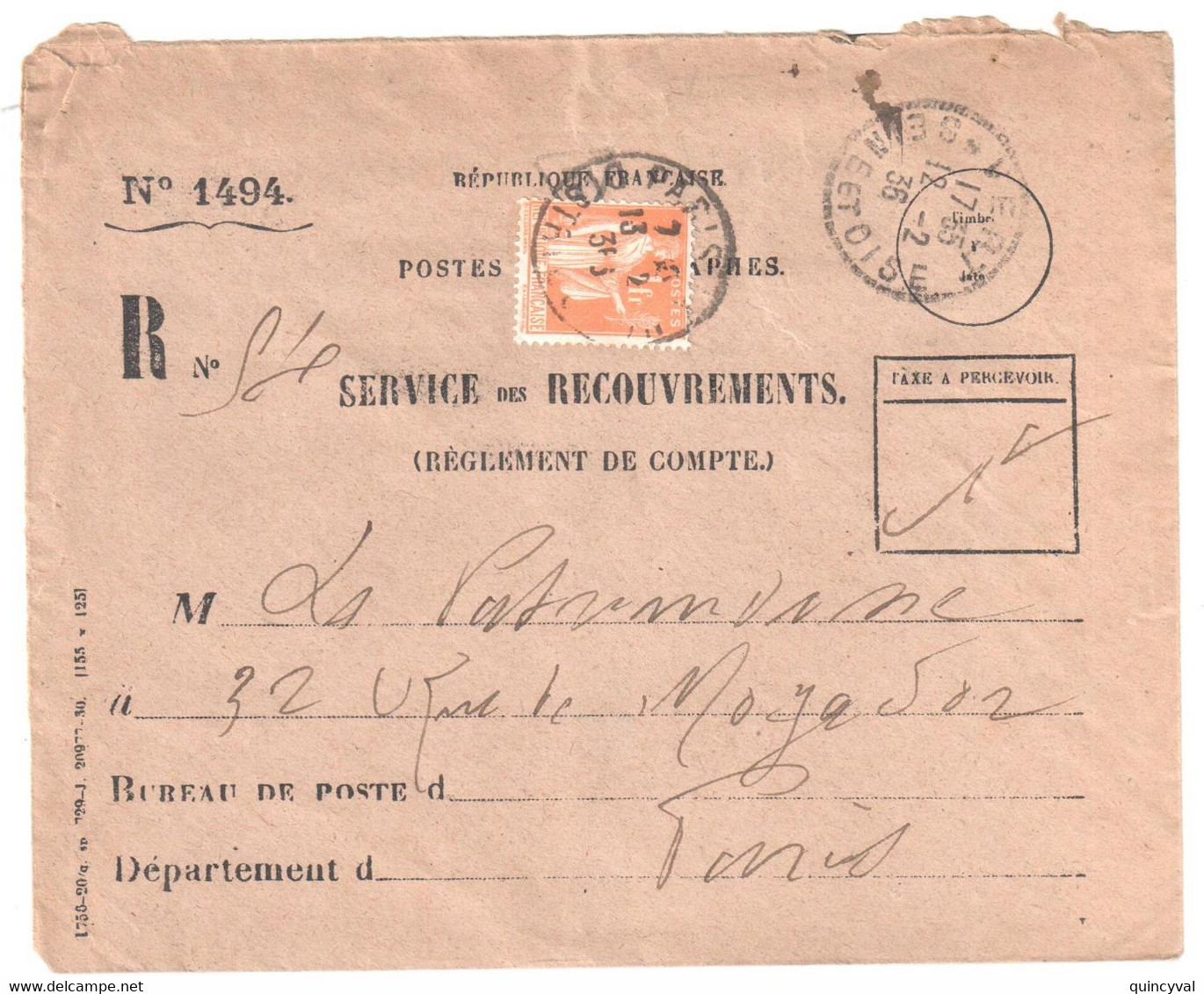 VERT Seine Et Oise FB 04 Recouvrement Formule 1494 Entière Yv 286 1F Paix Orange Utilisé Pour Taxe Ob 12 2 1936 - Covers & Documents