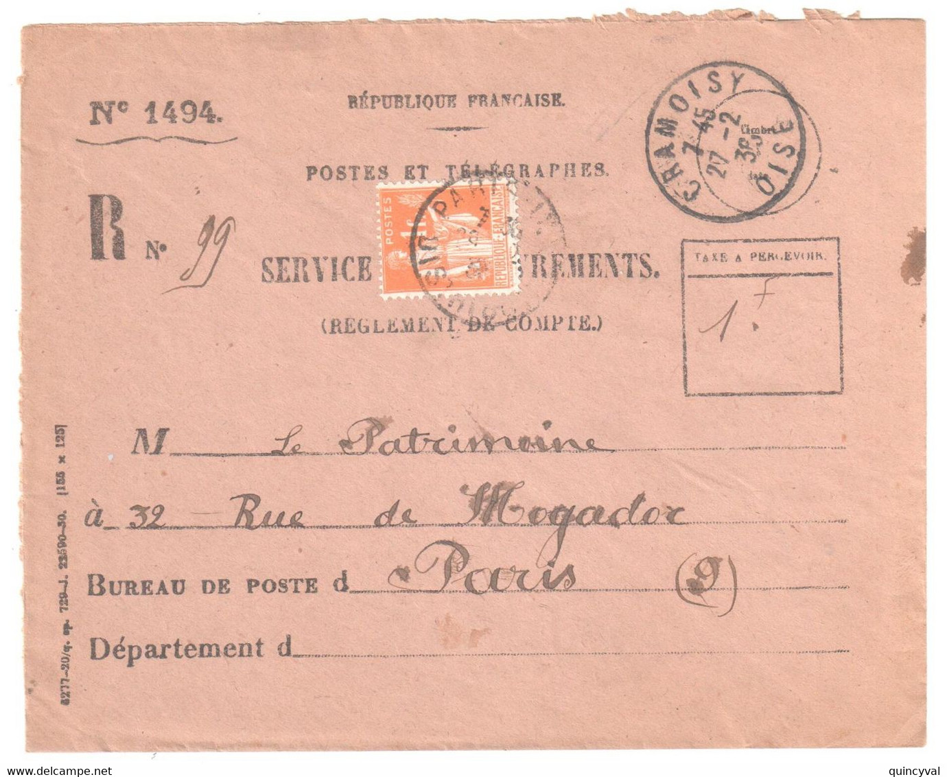 CRAMOISY Oise Recouvrement Formule 1494 Entière Yv 286 1F Paix Orange Utilisé Pour Taxe Ob 27 2 1936 - Covers & Documents