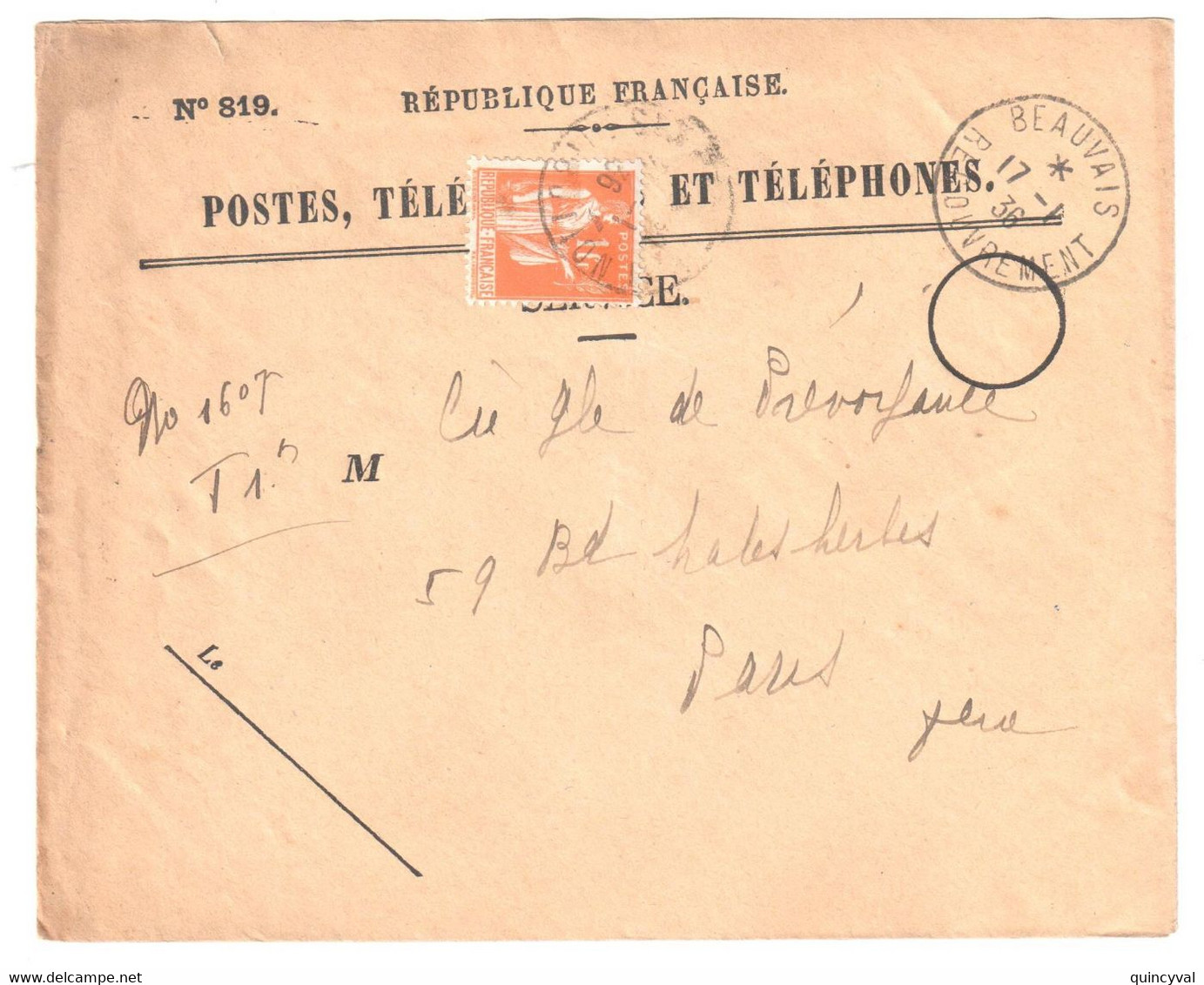 BEAUVAIS  RECOUVREMENT  Oise  Formule 819 Entière Yv 286 1F Paix Orange Utilisé Pour Taxe Ob 17 1 1936 - Cartas & Documentos
