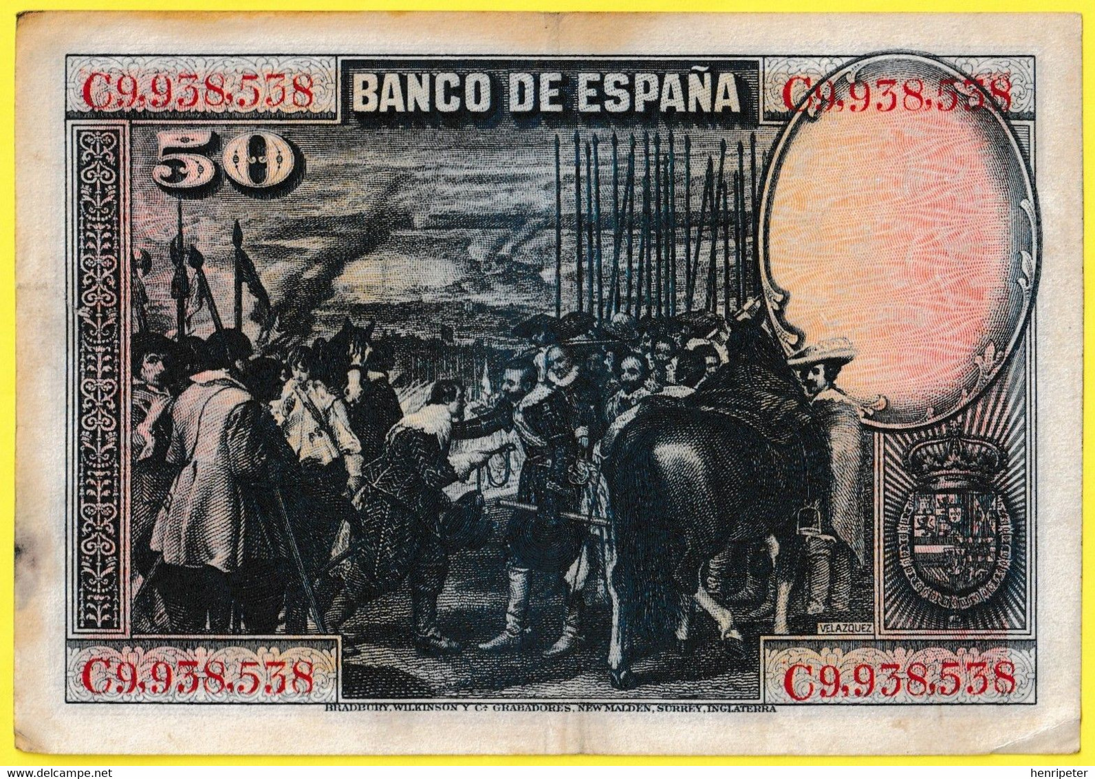 Billet De Banque Usagé - 50 Pesetas Velazquez Banco De Espana Série C9,938,538 - Espagne 1928 - 50 Peseten
