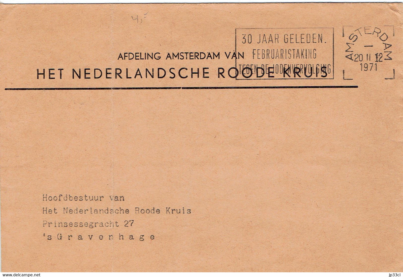 Judaïsme Croix Rouge Rode Kruis Stempel 30 Jaar Geleden Februaristaking Tegen De Jodenvervolging, Amsterdam 20/2/1971 - Frankeermachines (EMA)