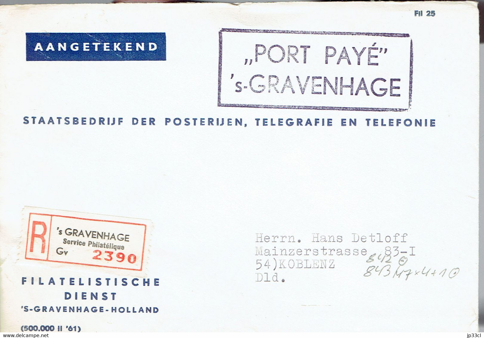 Recommandé Aangetekend Met Stempel Port Payé 's Gravenhage Filatelistische Dienst (7/6/1965) - Maschinenstempel (EMA)
